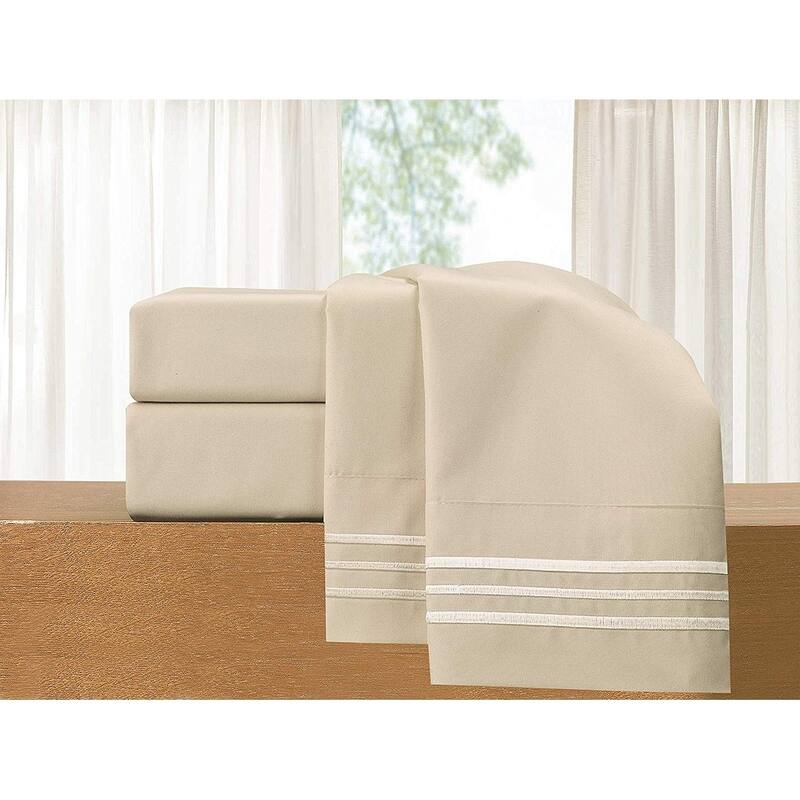 Elegant Comfort 4-Piece Cozy Soft 3-Line Bed Sheet Set with Deep Pockets - King - Cream
