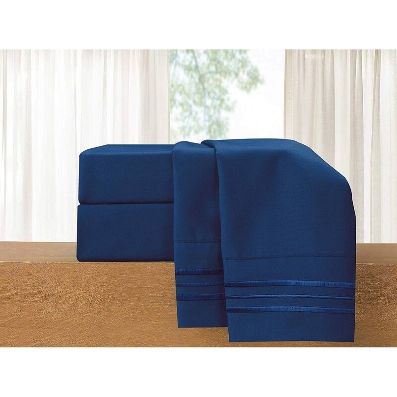 Elegant Comfort 4-Piece Cozy Soft 3-Line Bed Sheet Set with Deep Pockets - Full - Navy