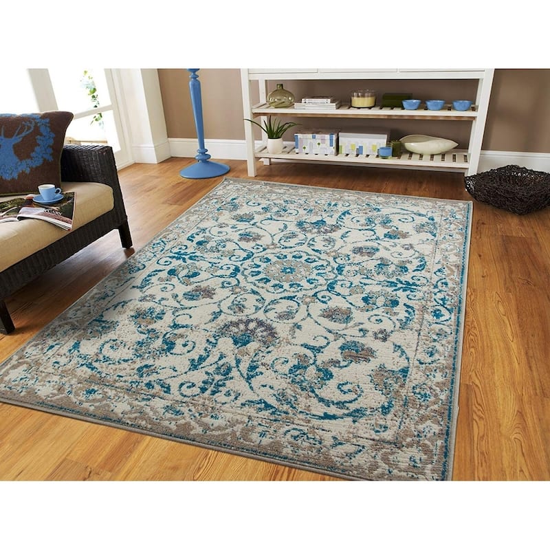 Copper Grove Vannes Modern Distressed Blue and Grey Floral Area Rug