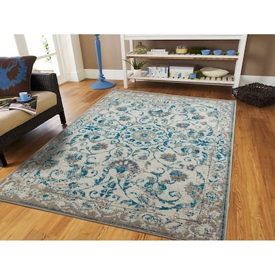 Copper Grove Vannes Modern Distressed Blue and Grey Floral Area Rug