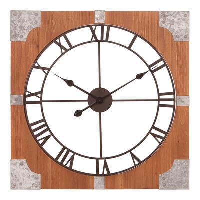 24" Square Rustic Wood & Metal Cut Out Roman Numeral Wall Clock