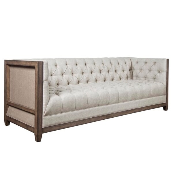 Villa Button Tufted Beige Linen Chesterfield Sofa