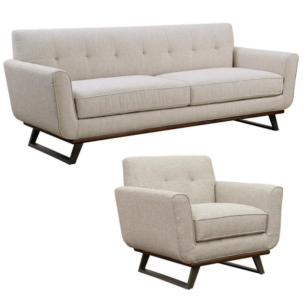 Willow Beige Tufted Mid Century Modern Sofa and Chair