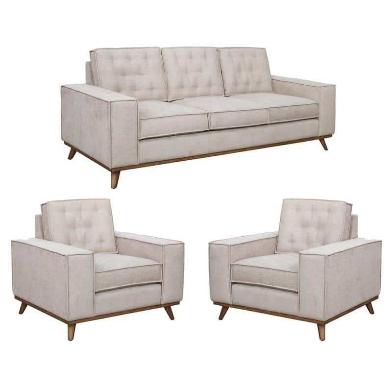 Frank Beige Tufted Mid Century Modern Sofa and Two Chairs Set