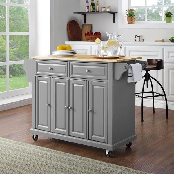 Natural Wood Top Kitchen Cart/Island In Vintage Grey