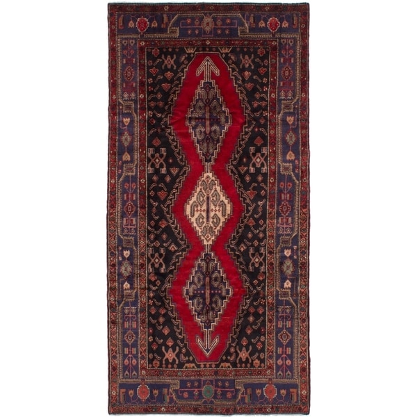eCarpetGallery Hand-knotted Senneh Dark Navy, Red Wool Rug - 4'1 x 8'4