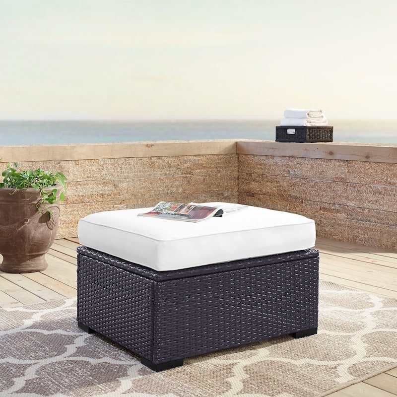 Crosley Furniture Biscayne Resin Wicker Ottoman with White Cushions