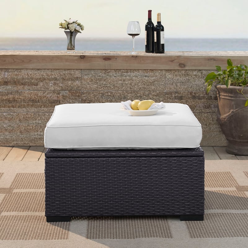 Crosley Furniture Biscayne Resin Wicker Ottoman with White Cushions