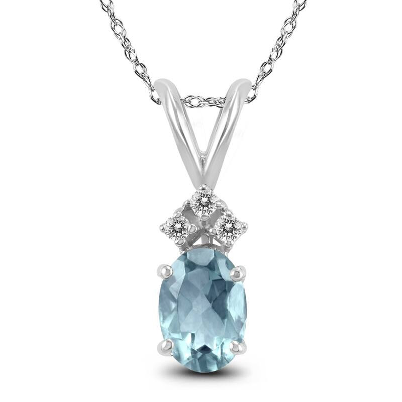 14K Yellow Gold 5x3MM Oval Aquamarine and Diamond Pendant