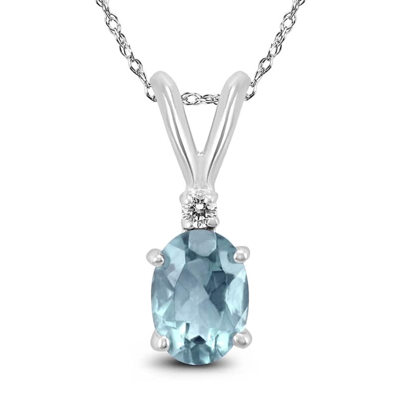 14K White Gold 5x3MM Oval Aquamarine and Diamond Pendant