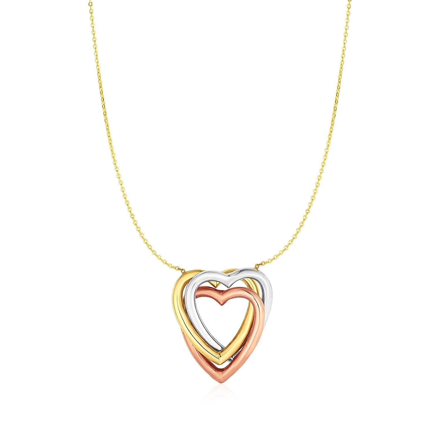 Solid 14K Tri-Color Gold Round Heart Charm Love Pendant Necklace