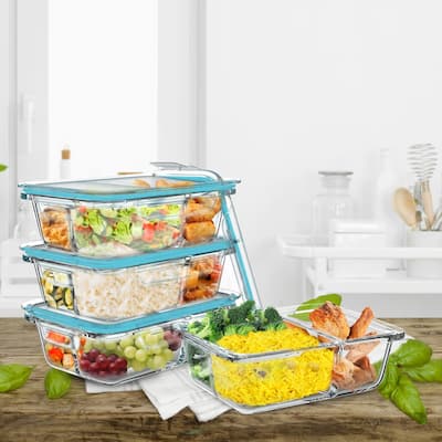 Food Storage Containers-Set of 4 Three Compartment Meal Prep Glassware and Snap Shut Lids by Classic Cuisine - Set of 4