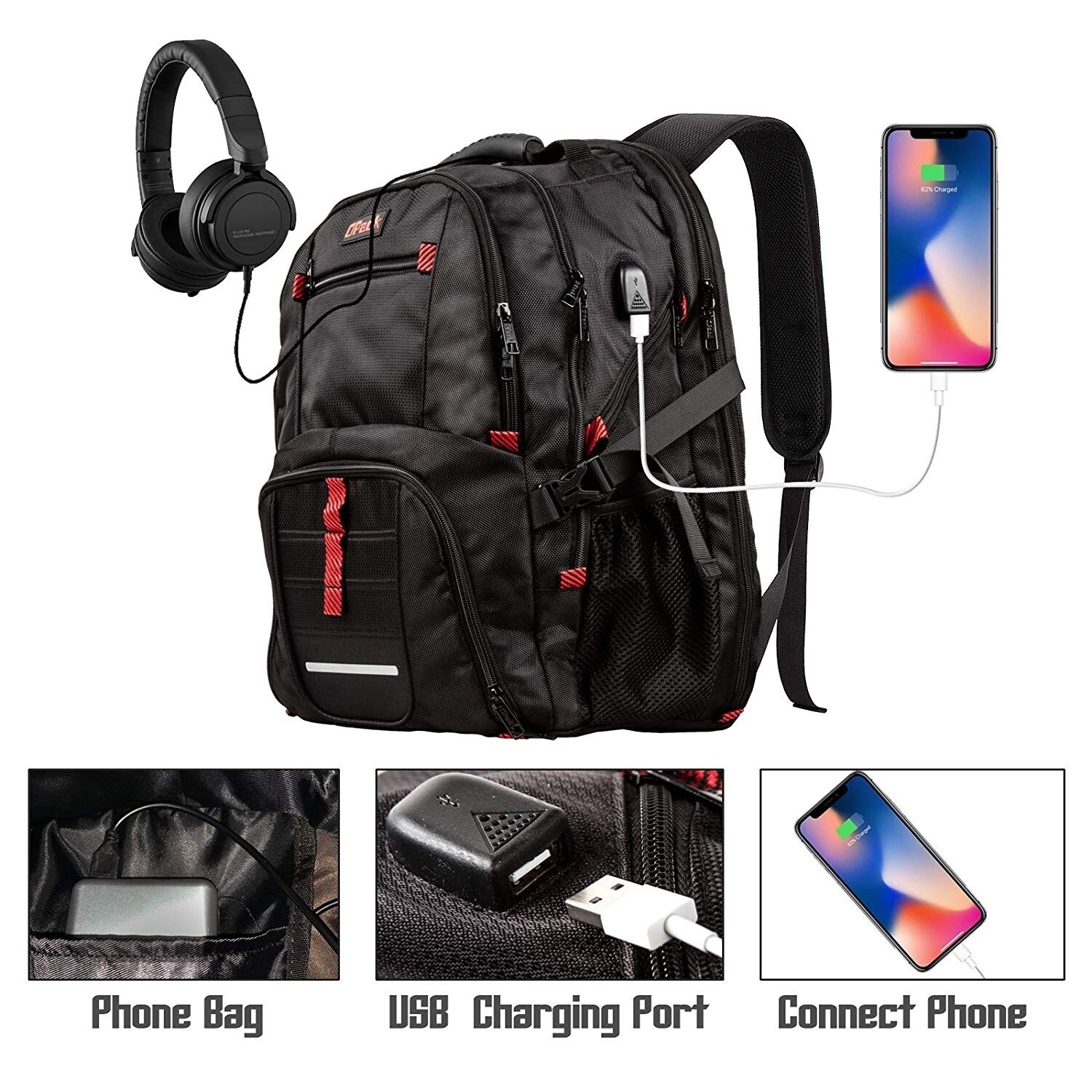 travel backpack with phone charger