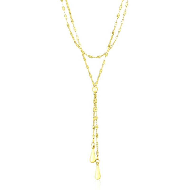14k Yellow Gold Double Strand Chain with Puffed Heart Lariat Necklace
