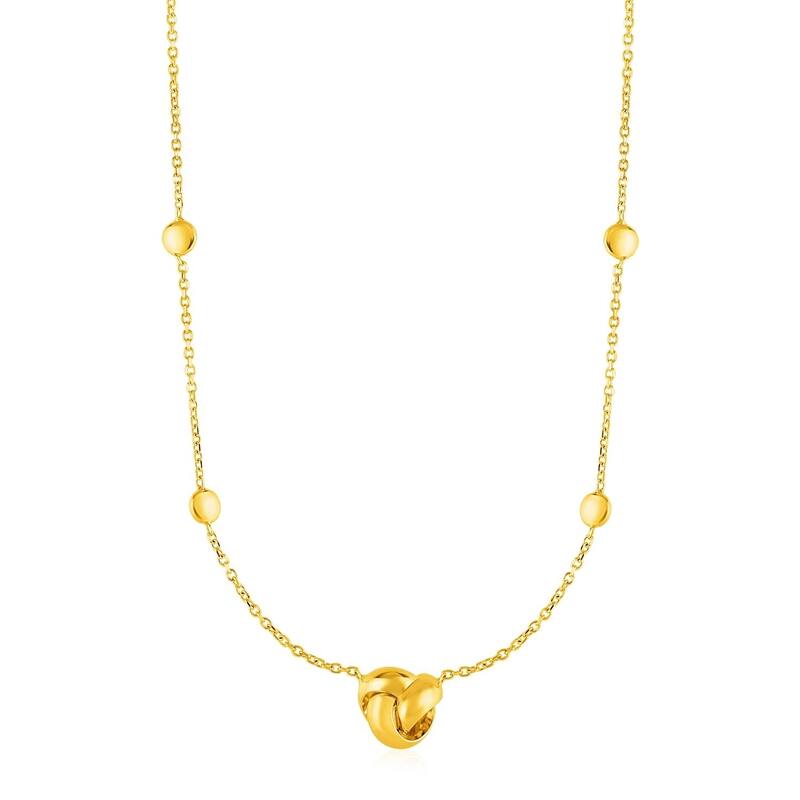 Station Necklace with Love Knot and Round Beads in 14k Yellow Gold