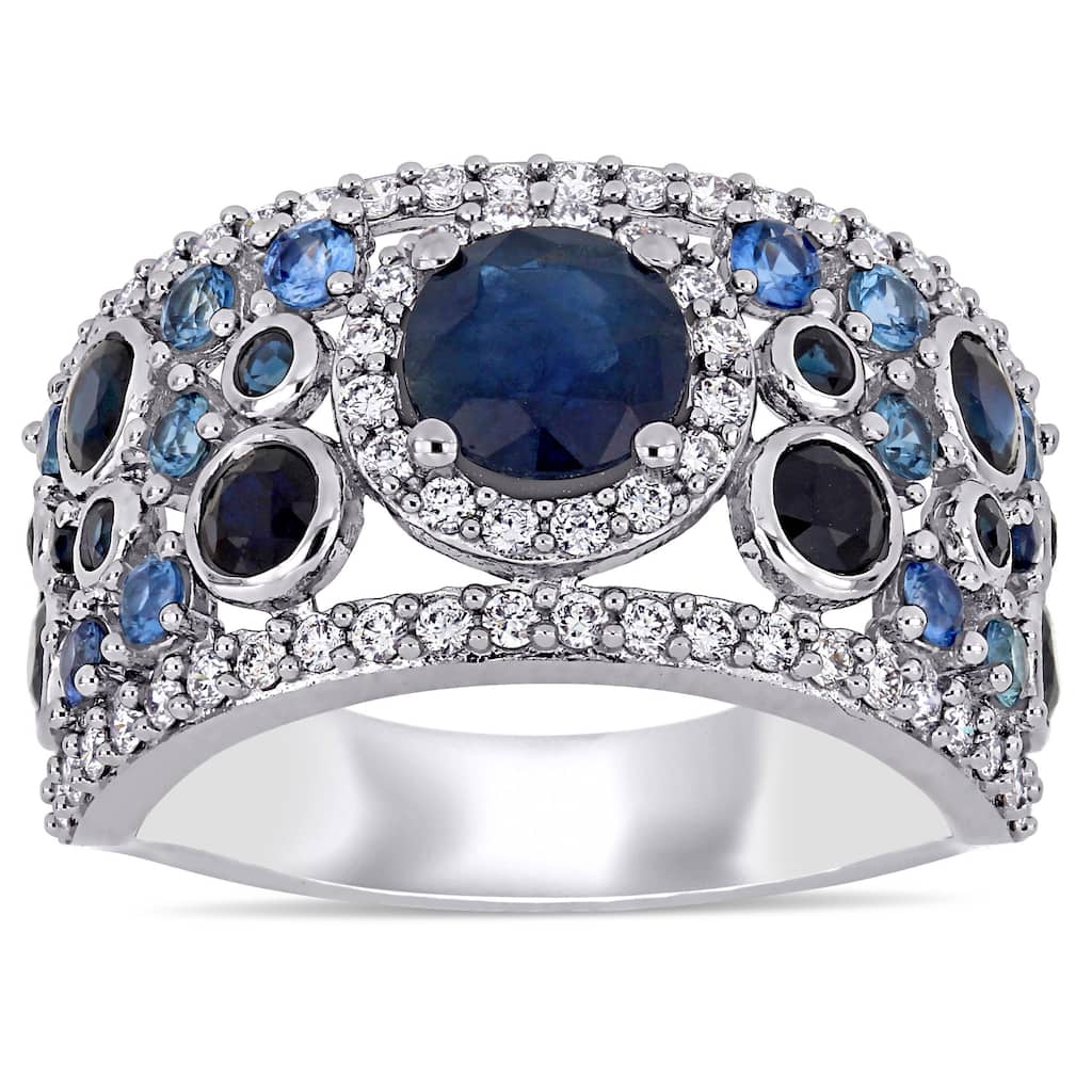 Miadora 14k White Gold Blue Sapphire and 1/2ct TDW Diamond Cluster Anniversary Band