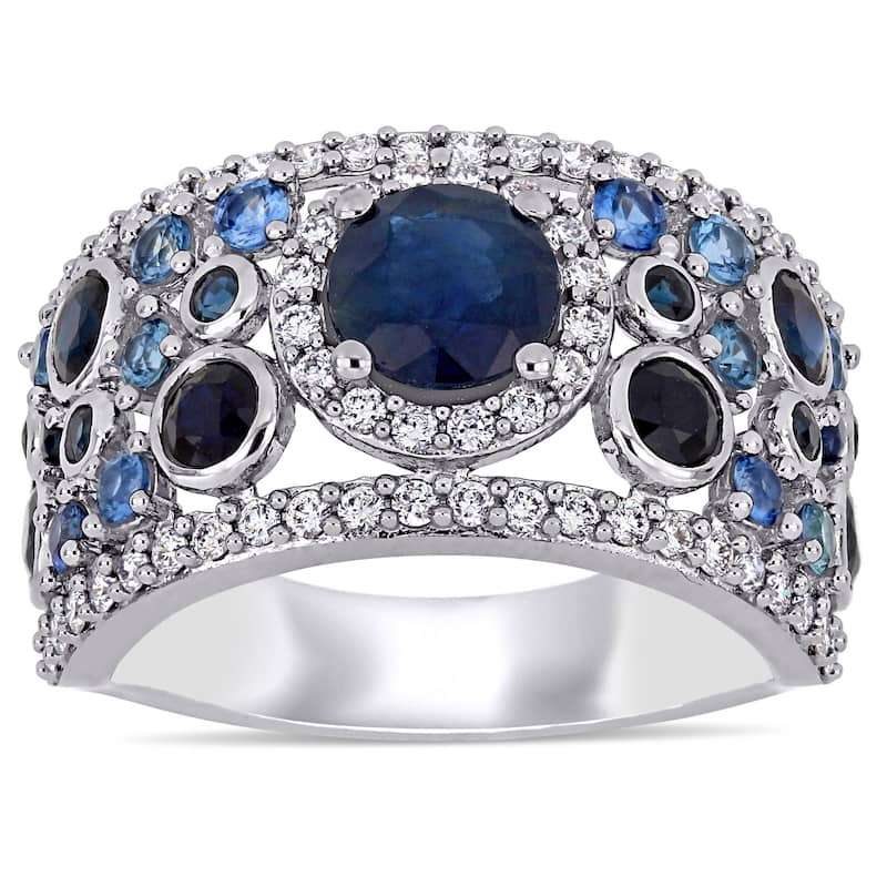 Miadora 14k White Gold Blue Sapphire and 1/2ct TDW Diamond Cluster Anniversary Band