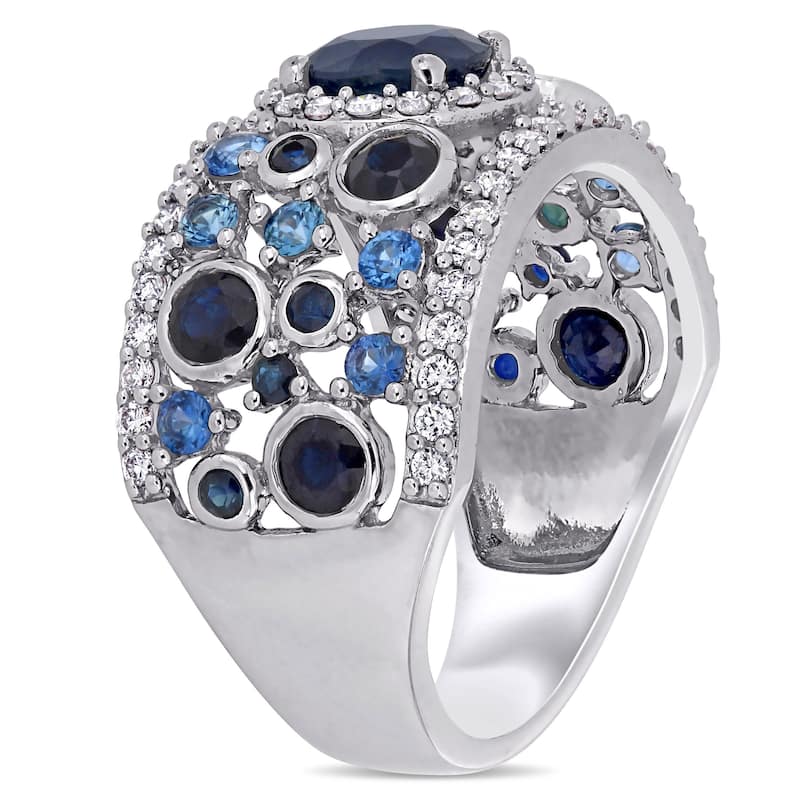 Miadora 14k White Gold Blue Sapphire and 1/2ct TDW Diamond Cluster Anniversary Band