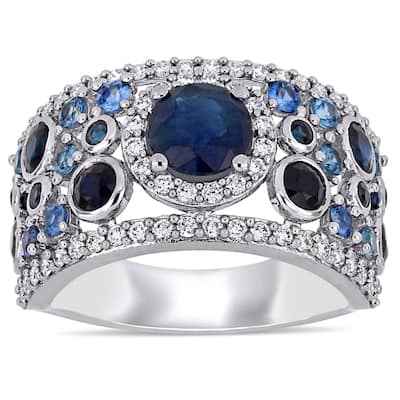 Miadora 14k White Gold Blue Sapphire and 1/2ct TDW Diamond Cluster Anniversary Band