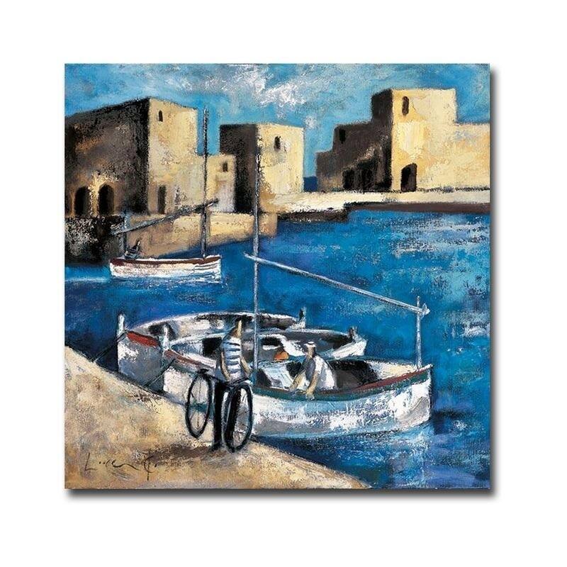 Tres Boats Y Bicicleta (Three Boats & Bicycle) by Didier Lourenco Gallery Wrapped Canvas Giclee Art (30 in x 30 in)