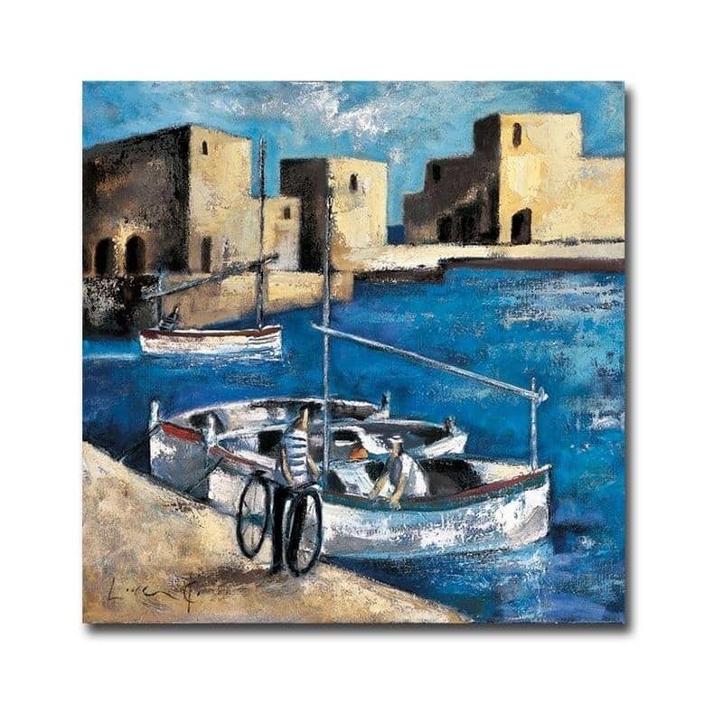 Tres Boats Y Bicicleta (Three Boats & Bicycle) by Didier Lourenco Gallery Wrapped Canvas Giclee Art (30 in x 30 in)