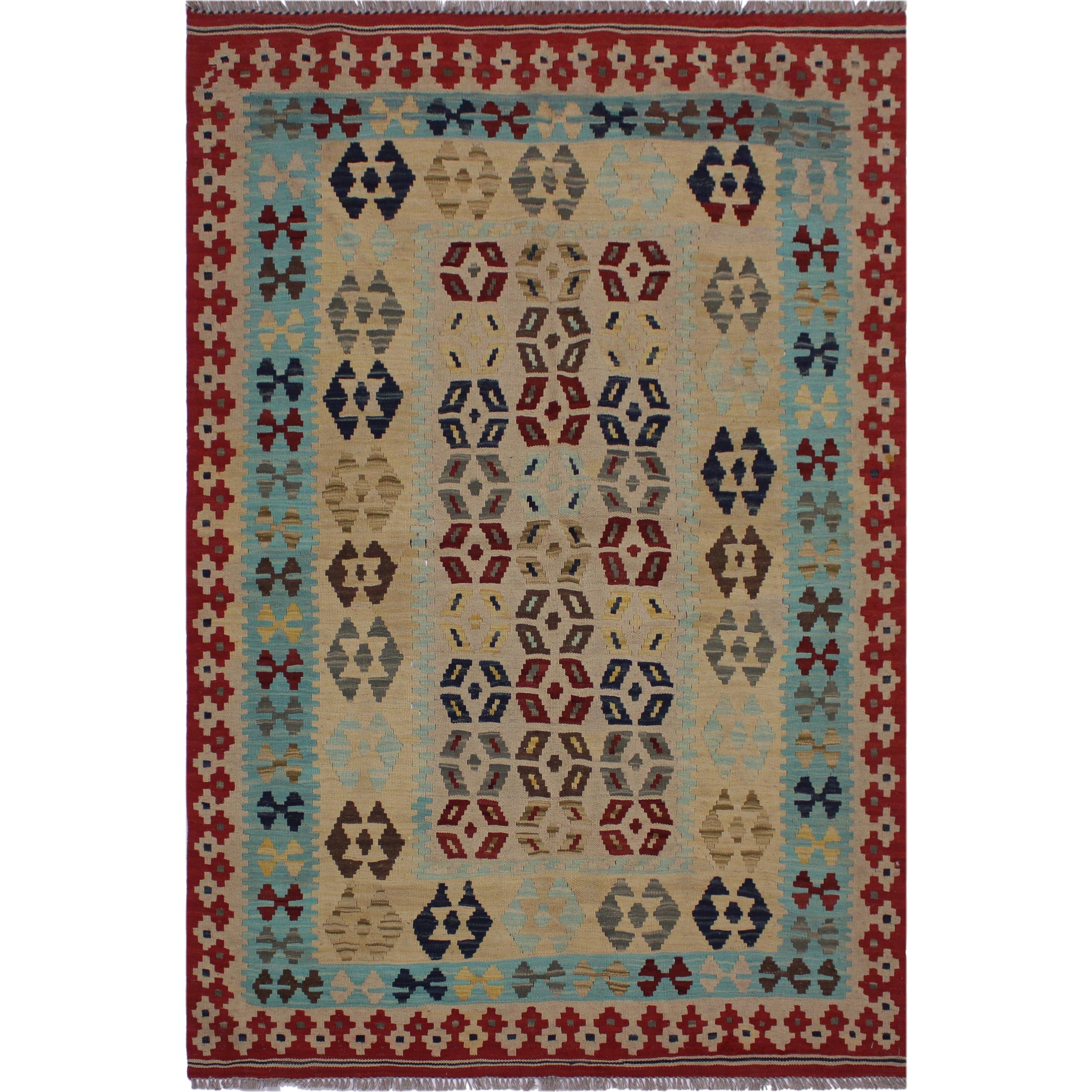 Afghan Kilim Rug, 4 x 3 ft Blue Red and Off-White Contemporary Rug