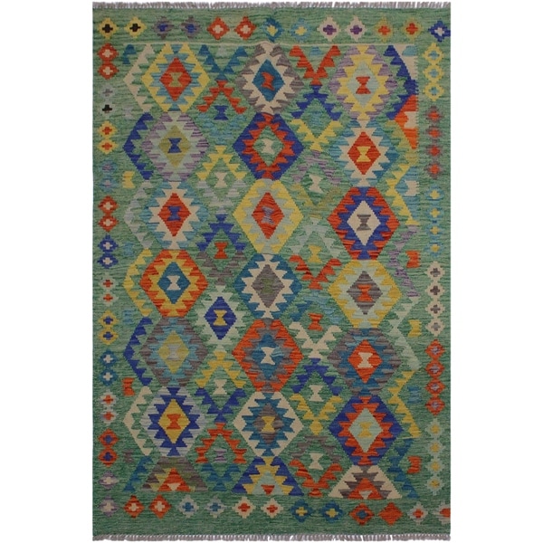 Kilim Christen Green/Teal Hand-Woven Wool Rug -4'10 x 6'5 - 4 ft. 10 in. X 6 ft. 5 in.
