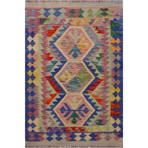 Kilim Barney Blue/Purple Hand-Woven Wool Rug -3'5 x 4'8 - 3 ft. 5 in. X 4 ft. 8 in.