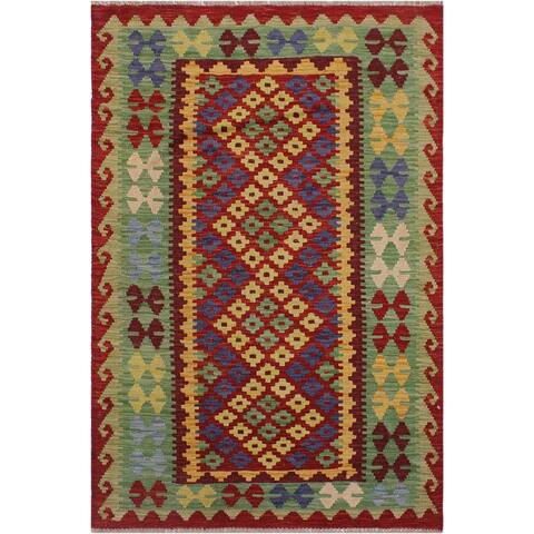 Kilim Cassondr Red/Gold Hand-Woven Wool Rug -3'3" x 4'11" - 3 ft. 3 in. X 4 ft. 11 in.