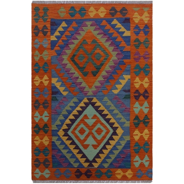 Kilim Argentin Orange/Blue Hand-Woven Wool Rug -2'9 x 4'1 - 2 ft. 9 in. X 4 ft. 1 in.