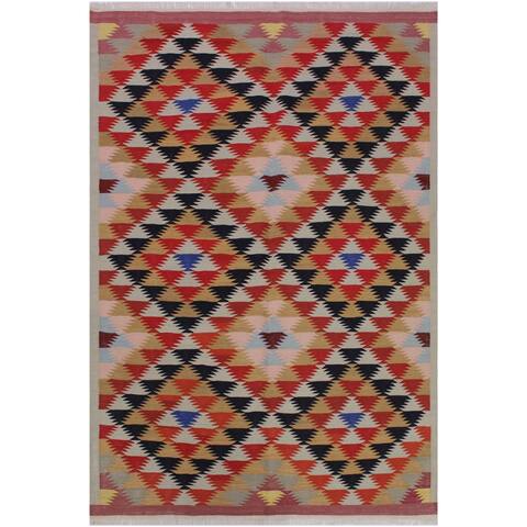 Kilim Buddy Pink/Rust Hand-Woven Wool Rug -4'6 x 6'6 - 4 ft. 6 in. X 6 ft. 6 in. - 4 ft. 6 in. X 6 ft. 6 in.