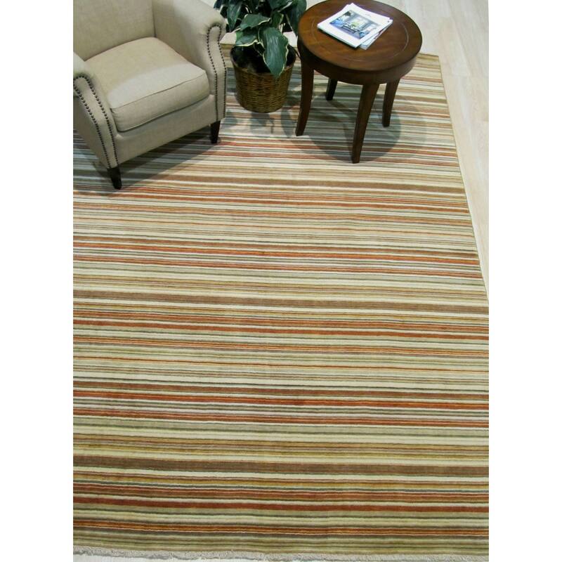 Orange/green Striped Handmade Wool Rug