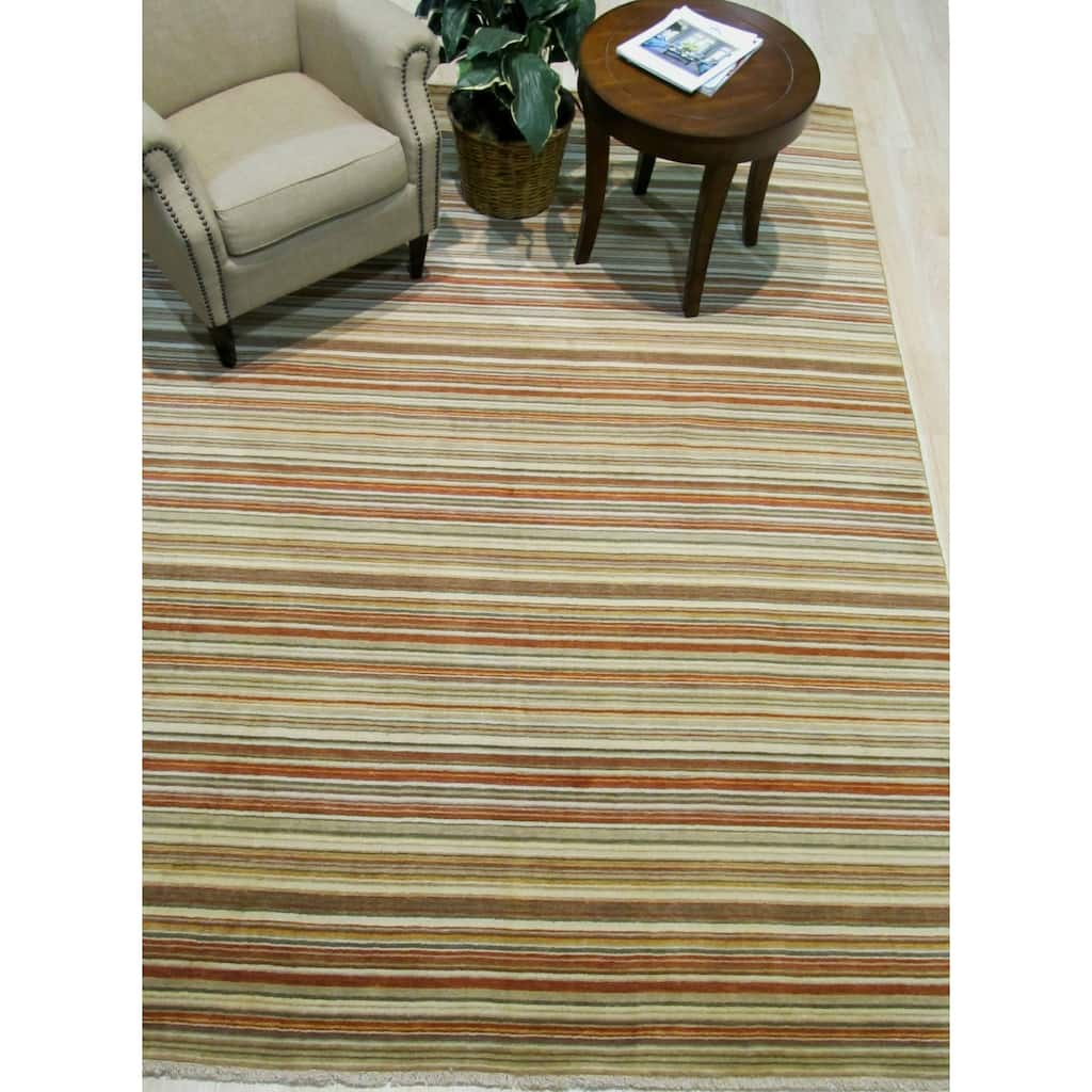 Orange/green Striped Handmade Wool Rug