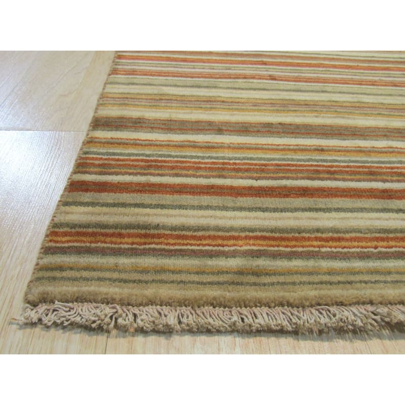 Orange/green Striped Handmade Wool Rug