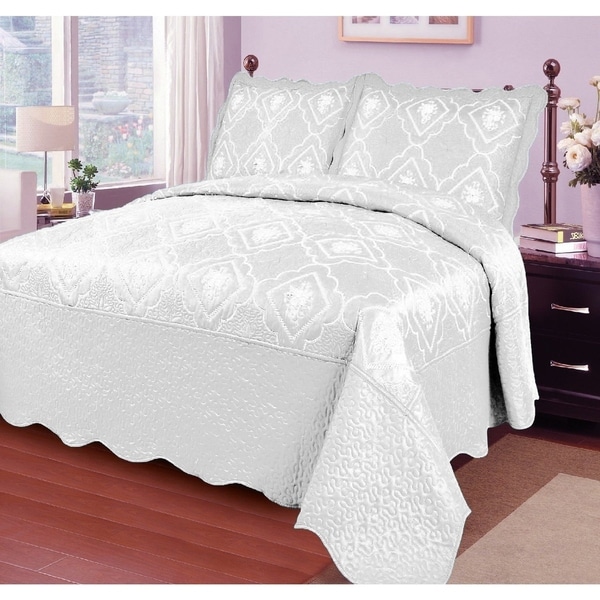 3 Pcs Polyester Bedspread Quilted Bed Cover Embroidery Coverlet