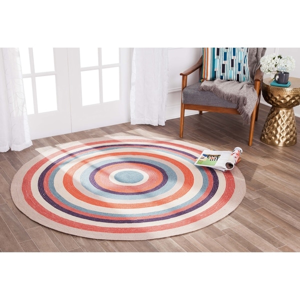 Jani Rings Orange Multi Jute Braided Round Area Rug