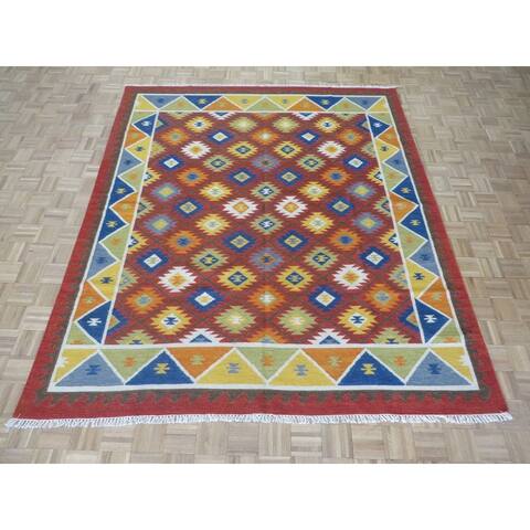Hand Knotted Red Dhurry Kilim with 100% Wool Oriental Rug (8' x 10') - 8' x 10'