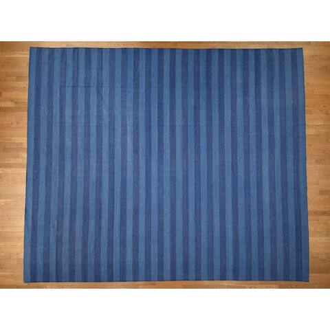 Hand Knotted Blue Flat Weave with Cotton Oriental Rug (12'6" x 14'9") - 12'6" x 14'9"