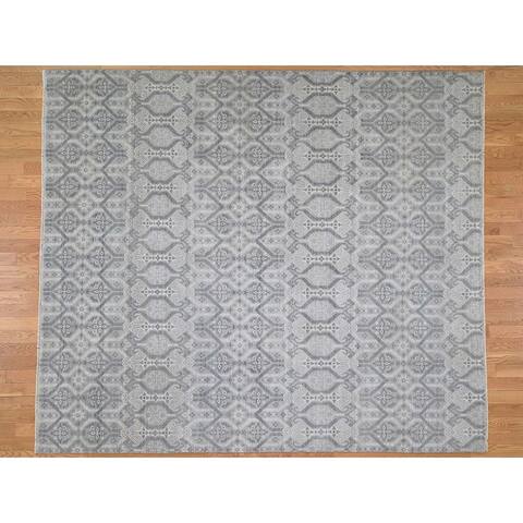 Hand Knotted Grey Ikat And Suzani Design with Wool Oriental Rug (8'1" x 9'3") - 8'1" x 9'3"
