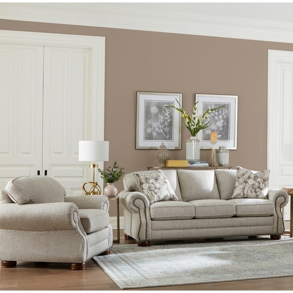 Made in USA Austin Taupe Fabric Sofa and Chair with Nailhead Trim