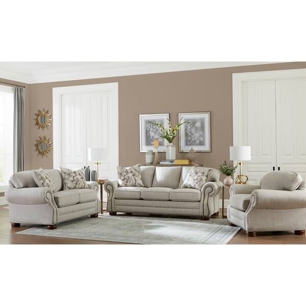 Made in USA Austin Taupe Fabric Sofa, Loveseat and Chair with Studs Set