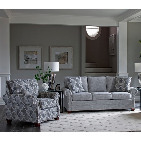 Made in USA Marner Grey Fabric Sofa and Chair with Nailhead Trim