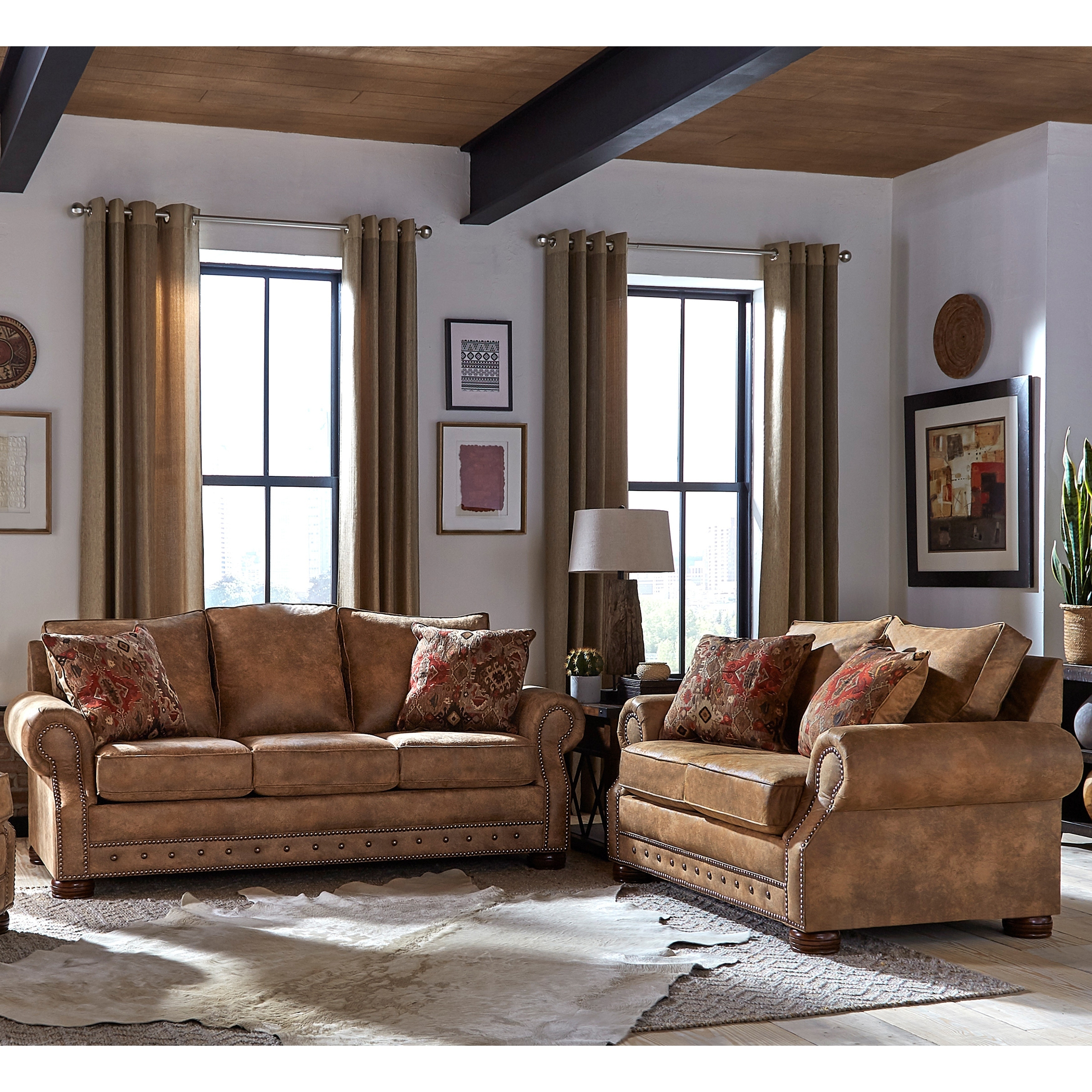 Made In USA Rancho Rustic Brown Buckskin Fabric Sofa And Loveseat On Sale Overstock 27415174