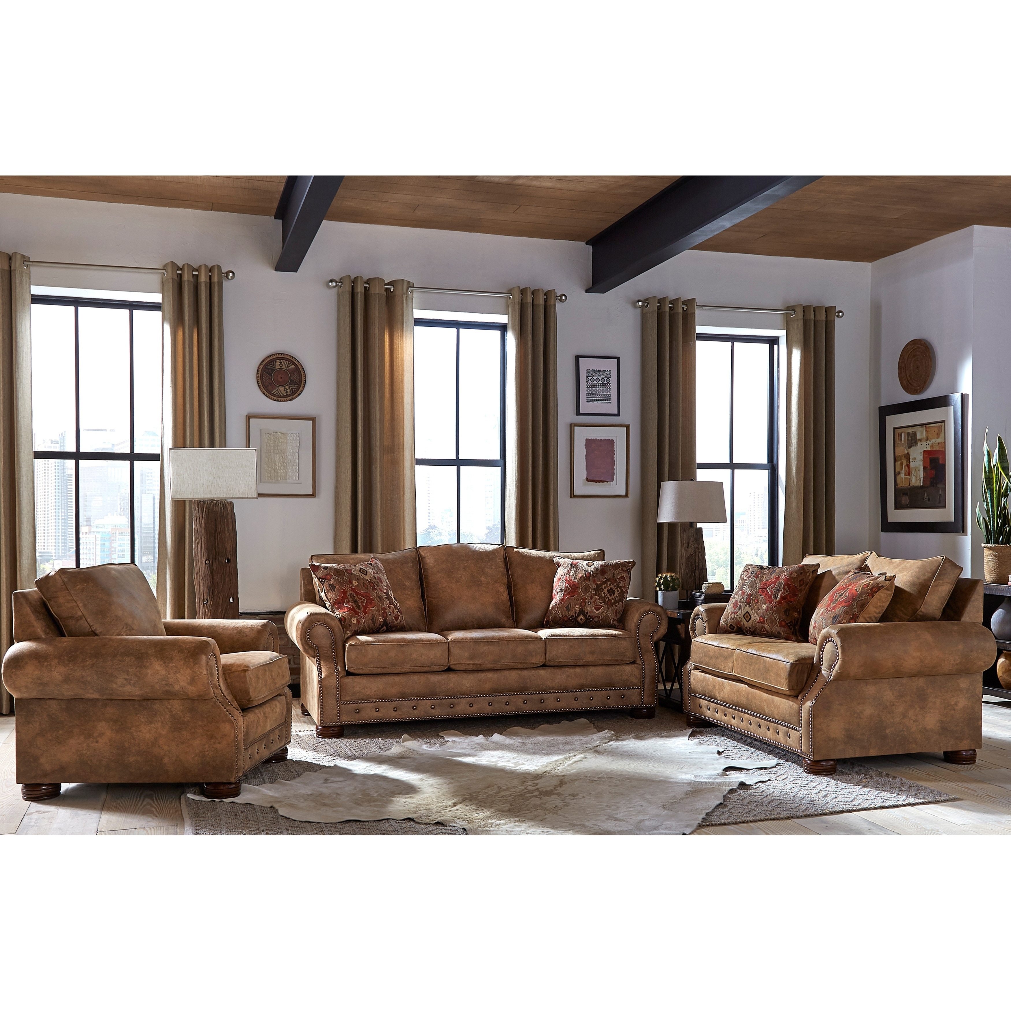 Made in USA Rancho Brown Buckskin Fabric Sofa, Loveseat and Chair Set