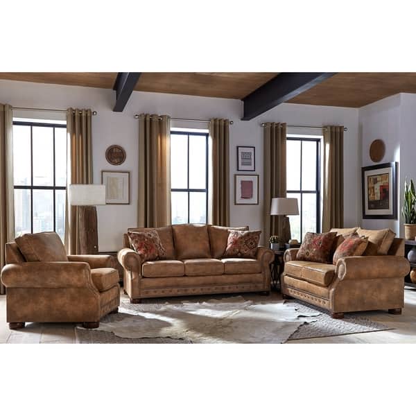 slide 1 of 5, Made in USA Rancho Brown Buckskin Fabric Sofa, Loveseat and Chair