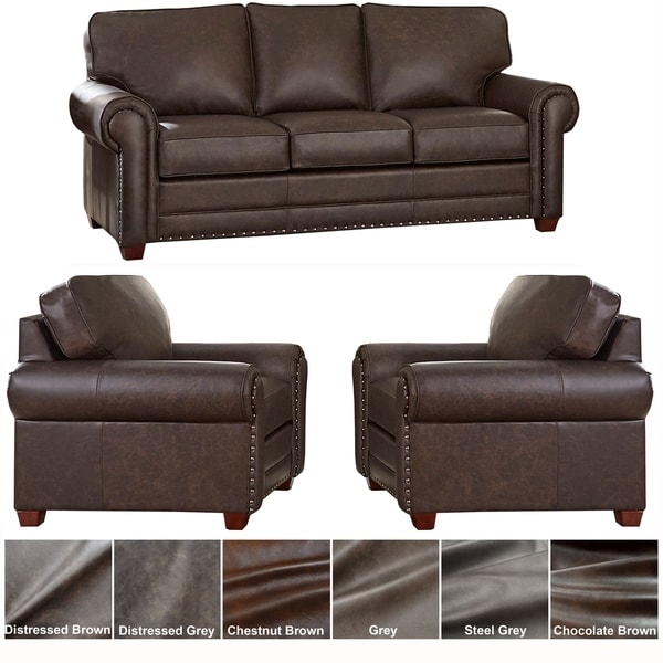 Made in USA Raval Top Grain Leather Sofa Bed and Two Chairs