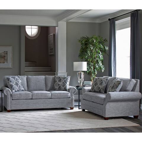 Made in USA Marner Grey Fabric Sofa Bed and Loveseat with Nailheads