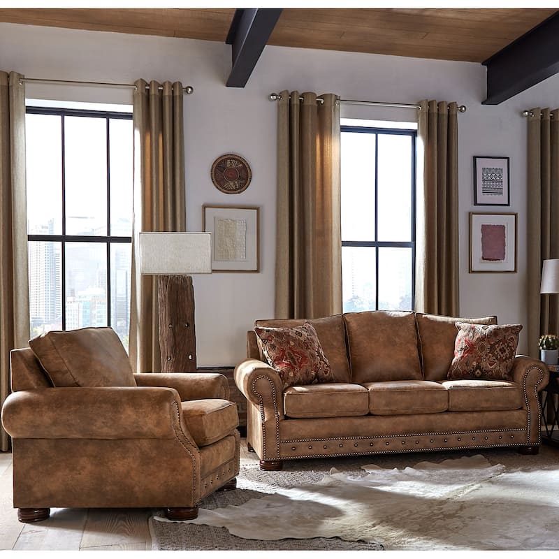 Made in USA Rancho Rustic Brown Buckskin Fabric Sofa Bed and Chair Set - 7 x 86 x 40