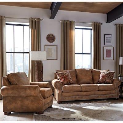 Made in USA Rancho Rustic Brown Buckskin Fabric Sofa Bed and Chair Set - 7 x 86 x 40