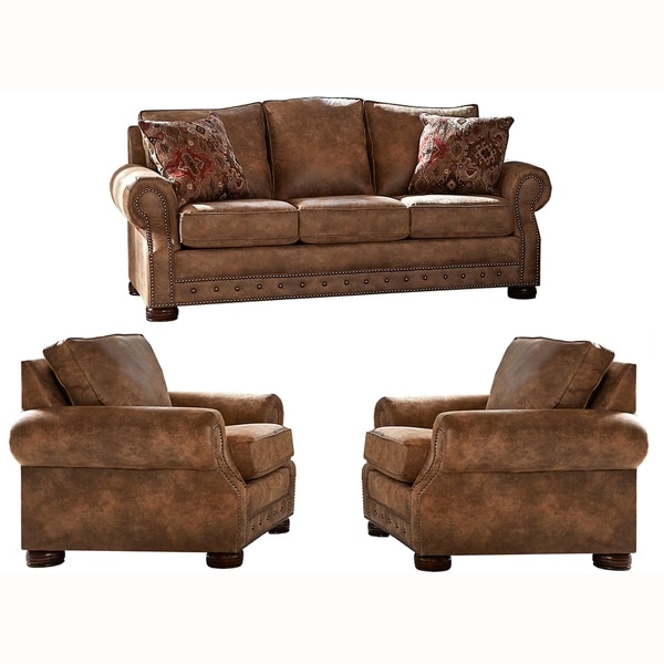 Made in USA Rancho Rustic Brown Buckskin Fabric Sofa Bed and Two Chairs